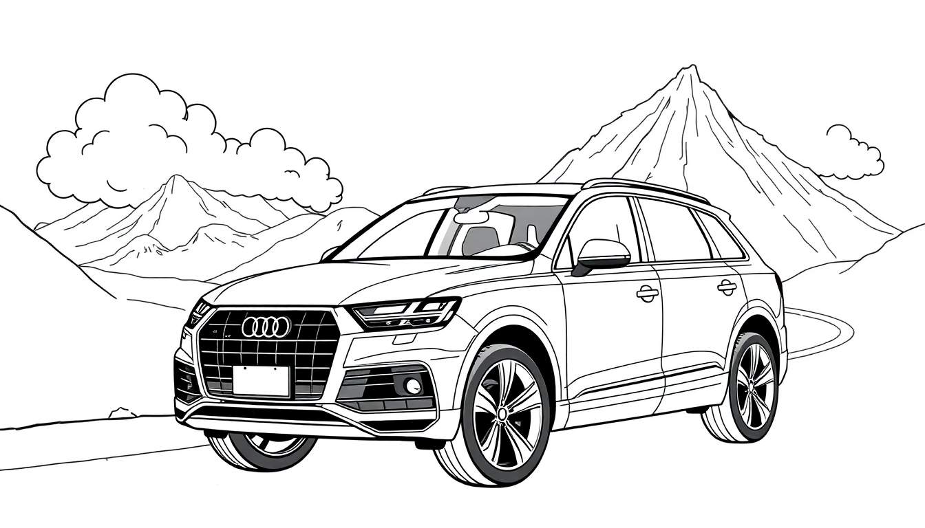 Kleurplaat van een Audi Q7 in de bergen.