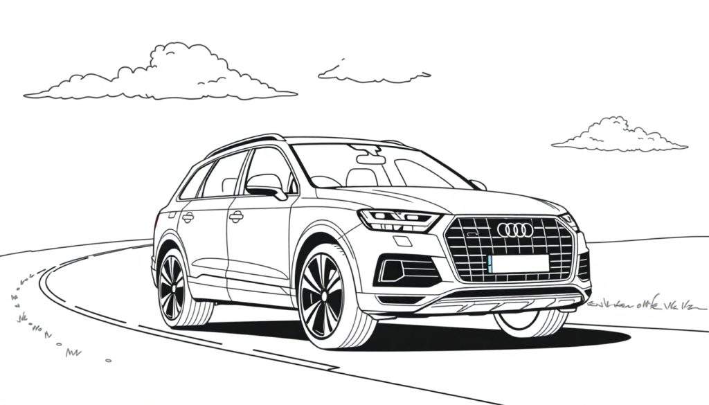 Kleurplaat van een Audi Q7 SUV op een weg.