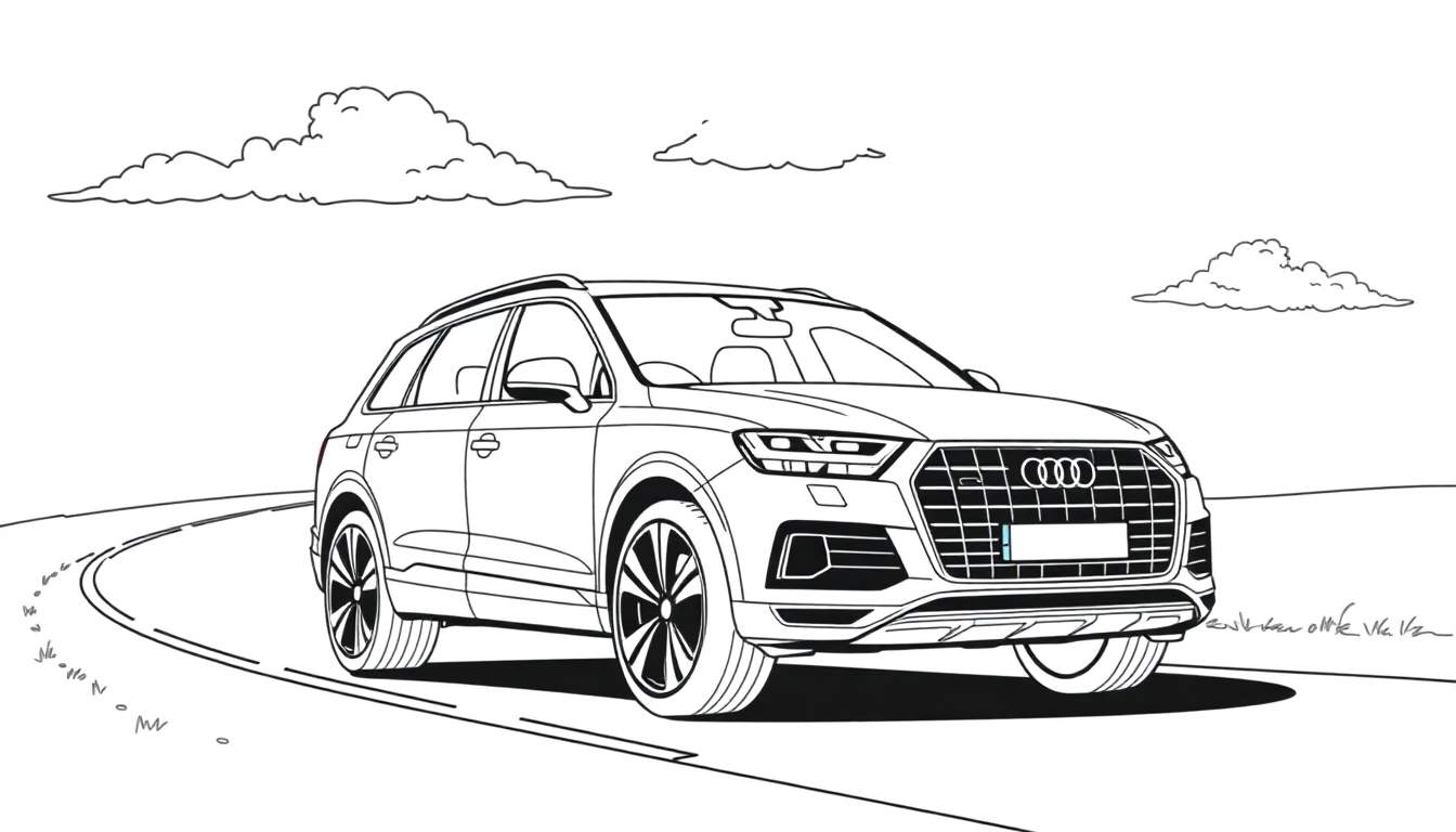 Kleurplaat van een Audi Q7 SUV op een weg.