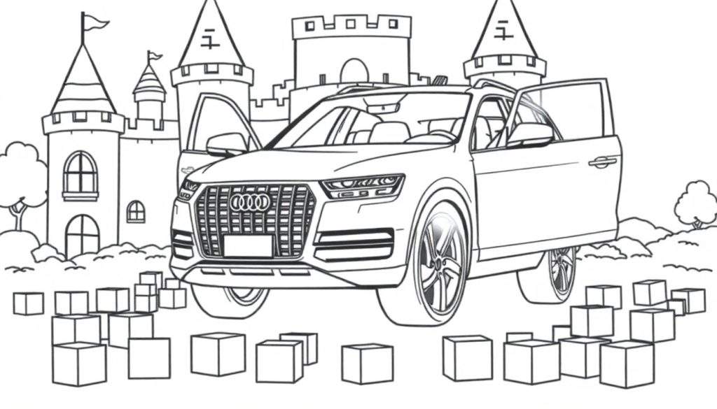 Zwart-wit kleurplaat van een Audi Q7 met open deuren voor een kasteel.