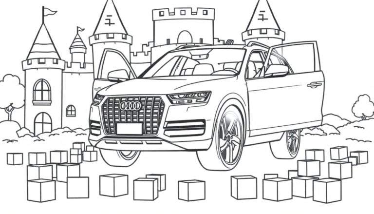 Zwart-wit kleurplaat van een Audi Q7 met open deuren voor een kasteel.