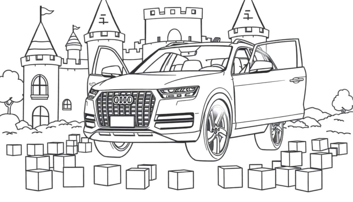 Zwart-wit kleurplaat van een Audi Q7 met open deuren voor een kasteel.