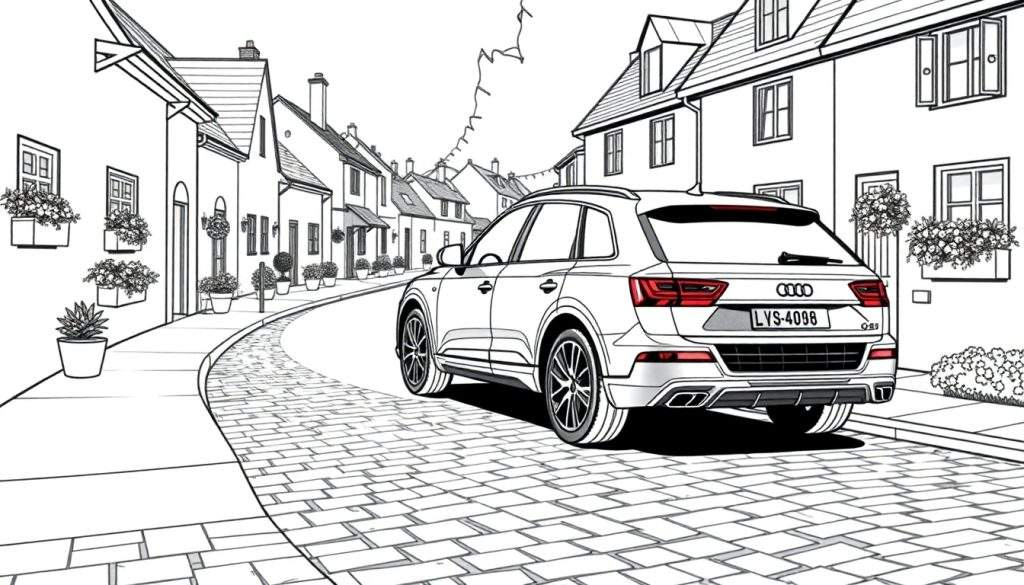 Zwart-wit kleurplaat van een Audi Q7 geparkeerd in een schilderachtig stadje.