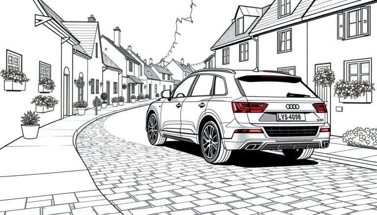 Zwart-wit kleurplaat van een Audi Q7 geparkeerd in een schilderachtig stadje.