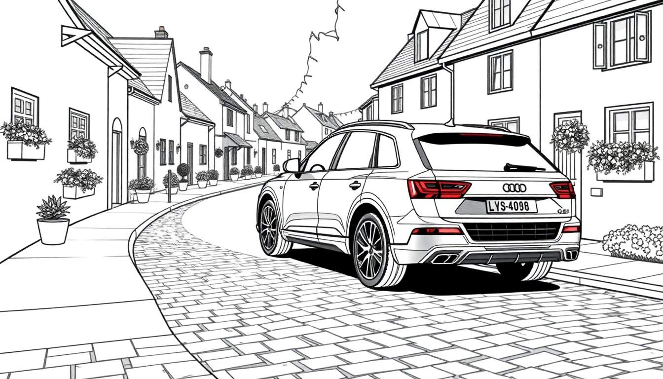 Zwart-wit kleurplaat van een Audi Q7 geparkeerd in een schilderachtig stadje.