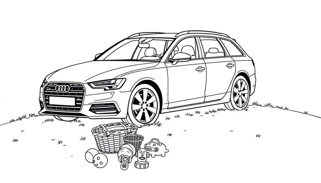 Kleurplaat van een Audi stationwagen met picknickspullen