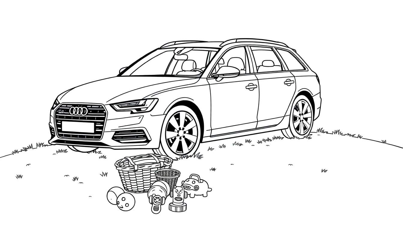 Kleurplaat van een Audi stationwagen met picknickspullen