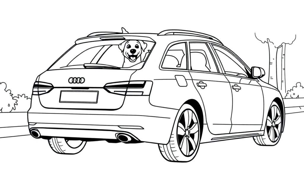 Kleurplaat van een Audi stationwagen met een vrolijke hond.