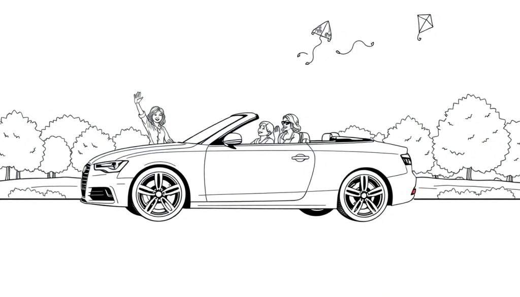 Een zwart-wit kleurplaat van een familie die in een Audi A6 Cabriolet rijdt, met vliegers in de lucht.