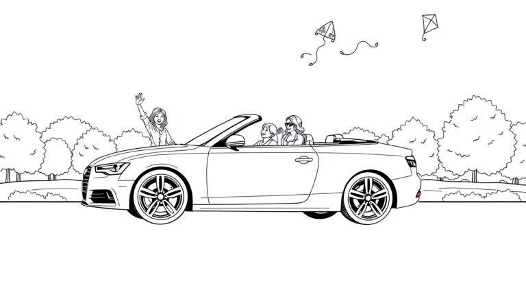 Een zwart-wit kleurplaat van een familie die in een Audi A6 Cabriolet rijdt, met vliegers in de lucht.