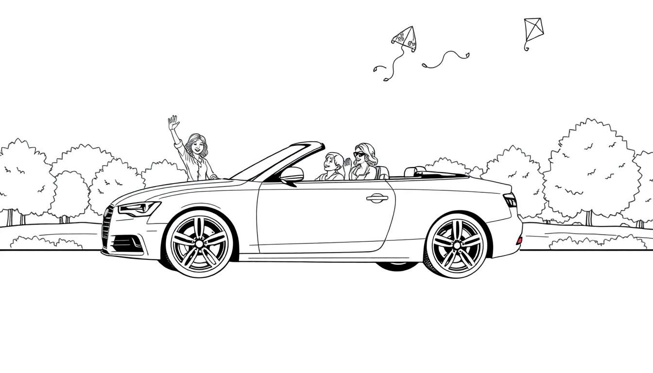 Een zwart-wit kleurplaat van een familie die in een Audi A6 Cabriolet rijdt, met vliegers in de lucht.