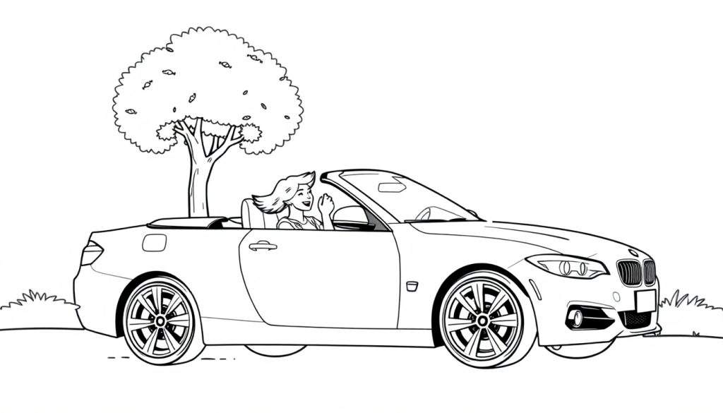 Zwart-wit kleurplaat van een vrouw in een BMW cabriolet in de natuur.