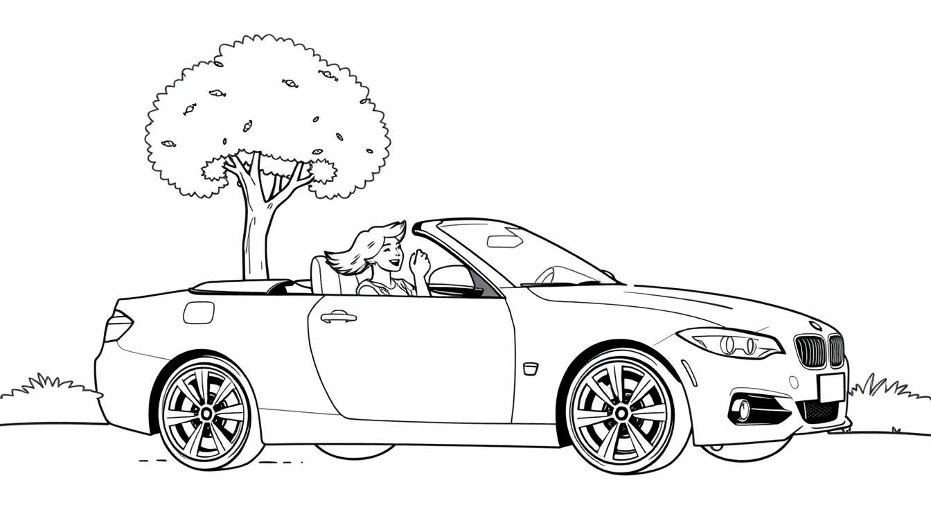 Zwart-wit kleurplaat van een vrouw in een BMW cabriolet in de natuur.