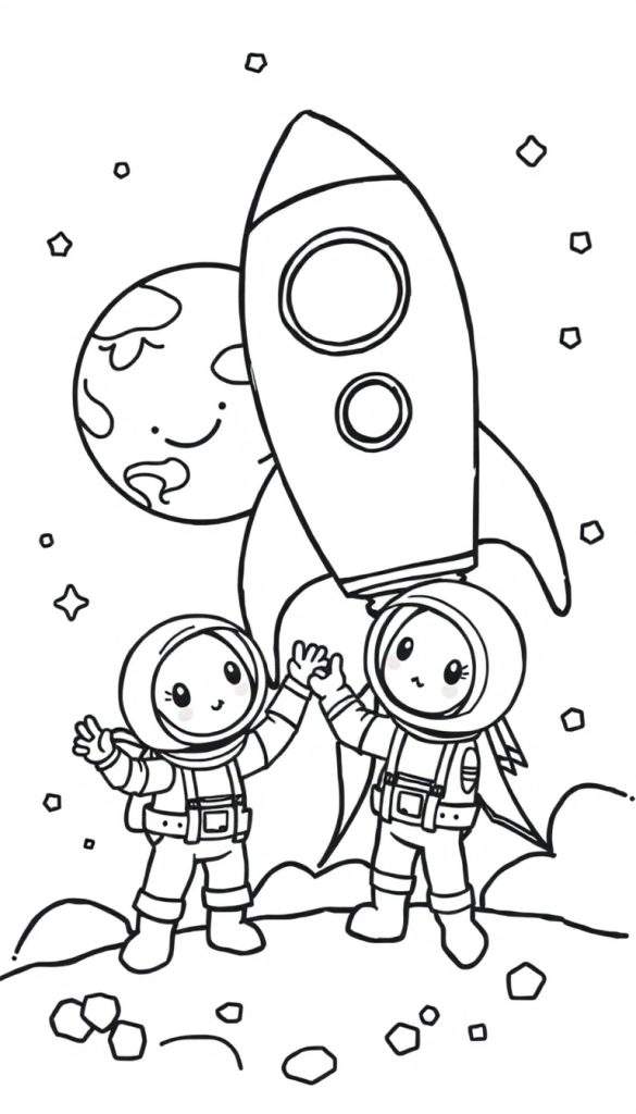 Kleurplaat van twee lachende cartoon astronauten die elkaar een high-five geven op een buitenaardse planeet met een raket en een maan in de achtergrond.