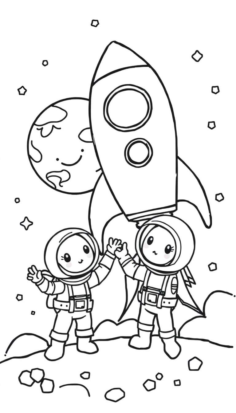 Kleurplaat van twee lachende cartoon astronauten die elkaar een high-five geven op een buitenaardse planeet met een raket en een maan in de achtergrond.