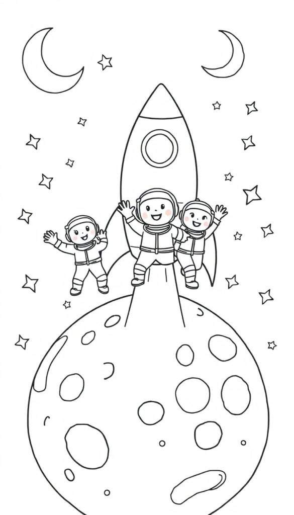 Kleurplaat van een raket op de maan met vrolijke astronauten, sterren en halve manen.