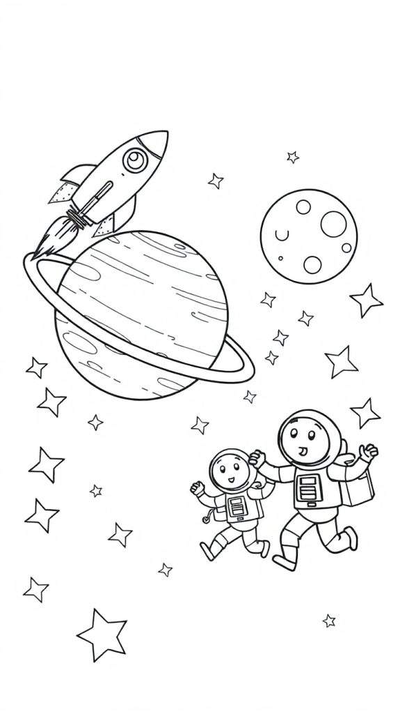 Kleurplaat: raket die opstijgt met astronauten die spelen bij ringplaneet en maan.