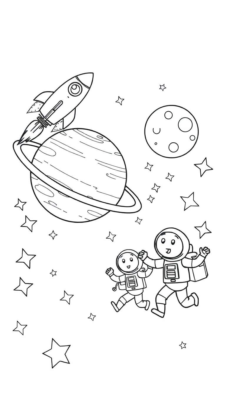 Kleurplaat: raket die opstijgt met astronauten die spelen bij ringplaneet en maan.