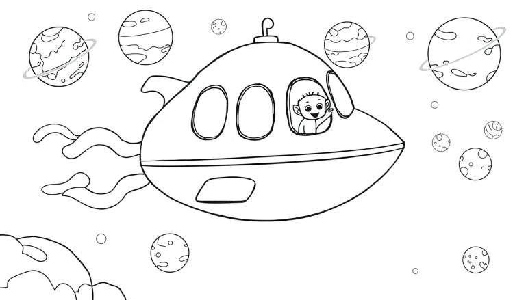 Kleurplaat van een ruimteschip met een kind dat zwaait, omringd door planeten en wolken.