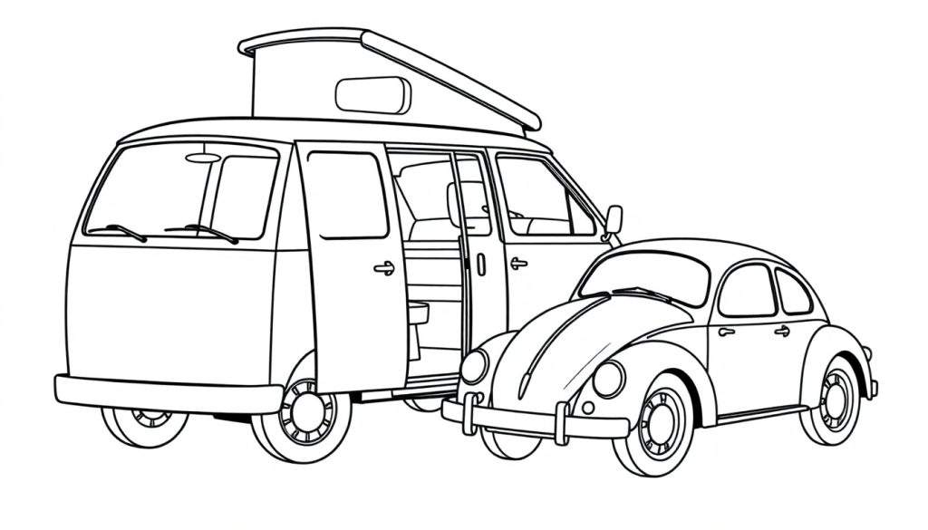 Kleurplaat van een Volkswagen busje en een Volkswagen Kever.