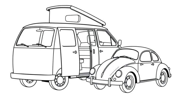 Kleurplaat van een Volkswagen busje en een Volkswagen Kever.