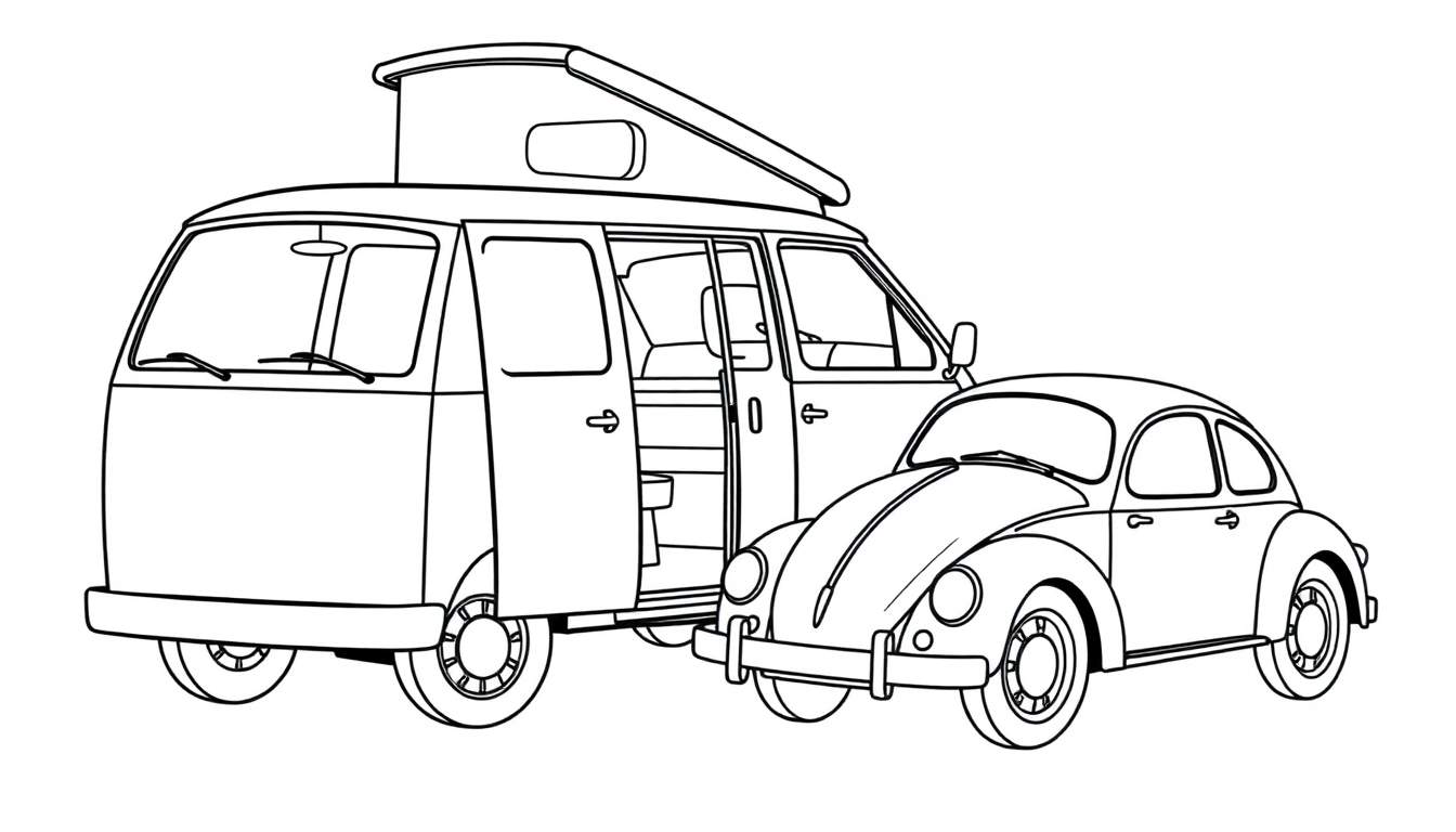 Kleurplaat van een Volkswagen busje en een Volkswagen Kever.