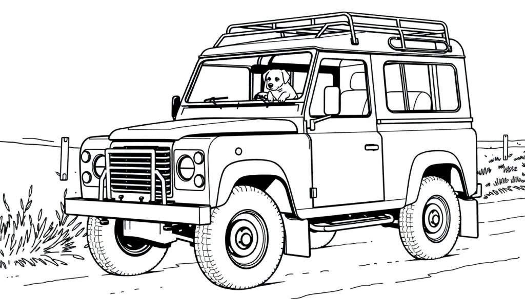 Kleurplaat van een Land Rover Defender met een hond, rijdend op een landweg.