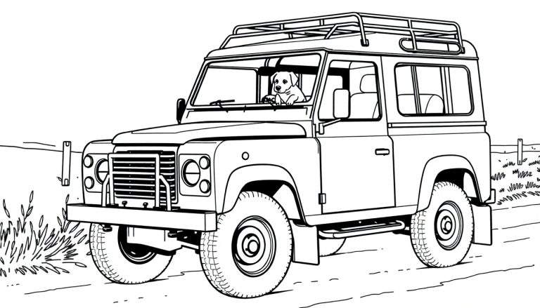 Kleurplaat van een Land Rover Defender met een hond, rijdend op een landweg.