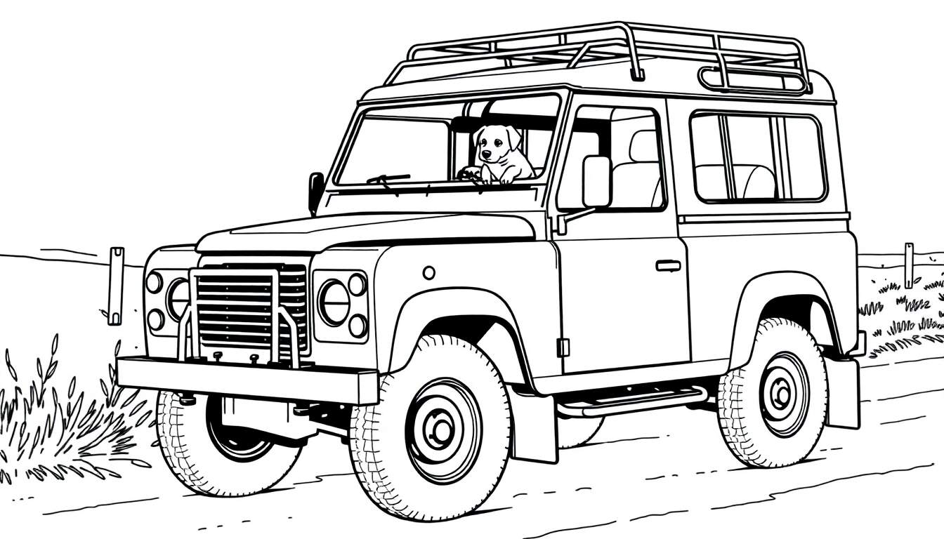 Kleurplaat van een Land Rover Defender met een hond, rijdend op een landweg.