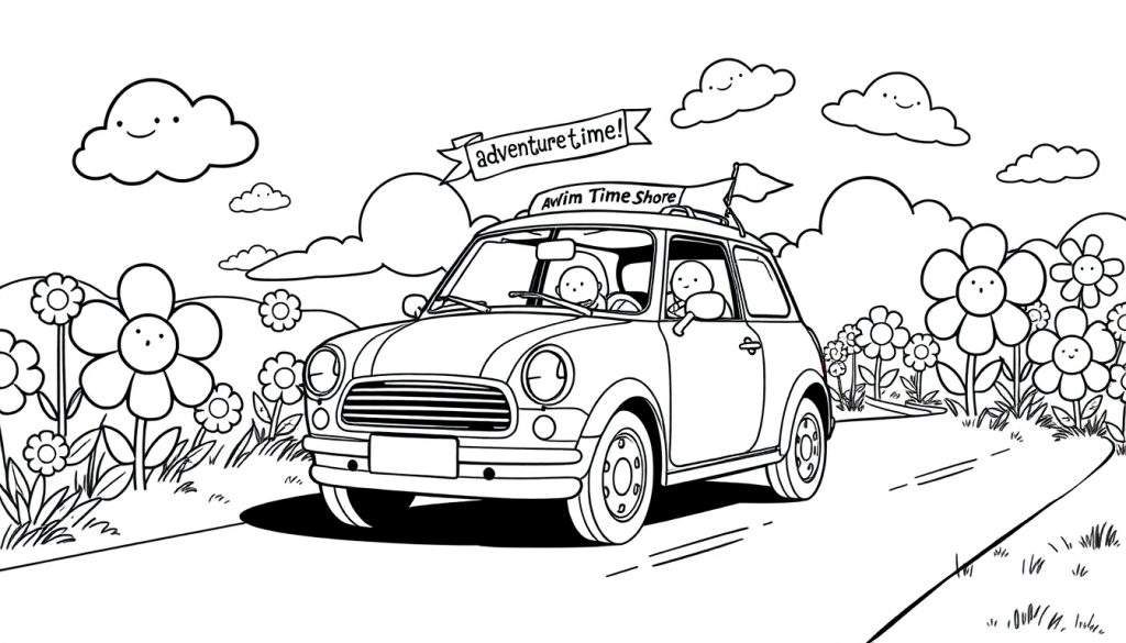 Kleurplaat van een vrolijke Mini Cooper met gezichtjes op de bloemen en wolken, op weg naar avontuur.
