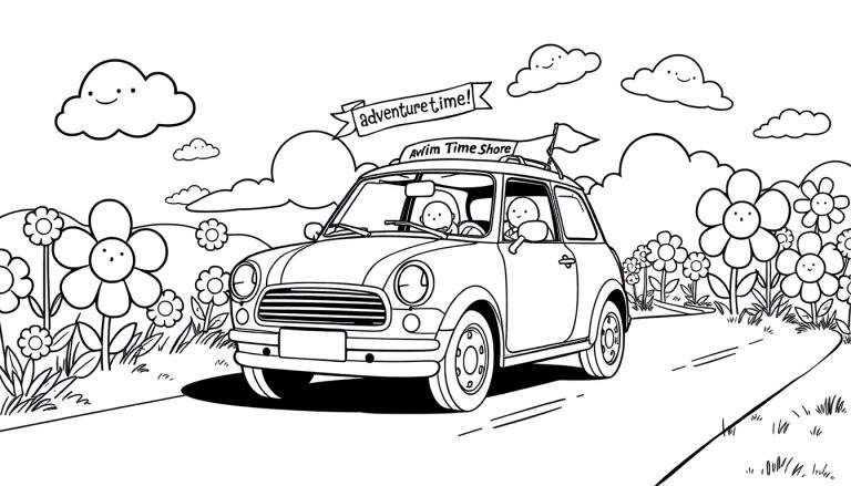 Kleurplaat van een vrolijke Mini Cooper met gezichtjes op de bloemen en wolken, op weg naar avontuur.