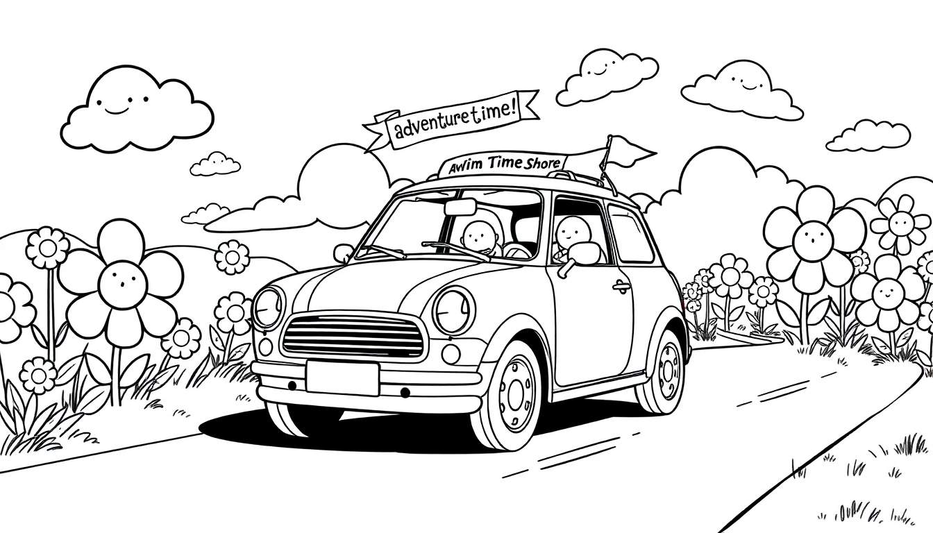 Kleurplaat van een vrolijke Mini Cooper met gezichtjes op de bloemen en wolken, op weg naar avontuur.