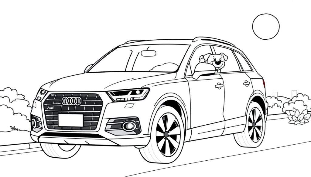 Kleurplaat van een Audi Q7 met een hond op de bestuurdersstoel.