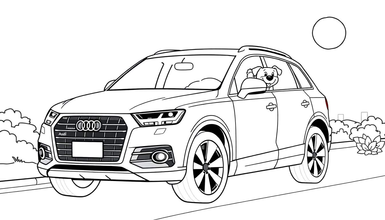 Kleurplaat van een Audi Q7 met een hond op de bestuurdersstoel.