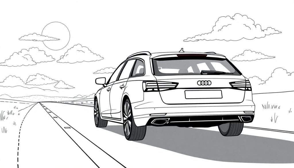 Een kleurplaat van een Audi stationwagon die op een landweg rijdt, gezien vanaf de achterkant, met heuvels en wolken op de achtergrond.