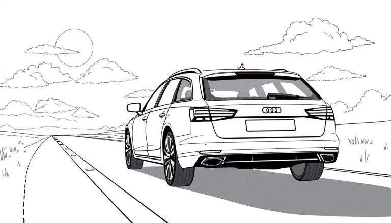 Een kleurplaat van een Audi stationwagon die op een landweg rijdt, gezien vanaf de achterkant, met heuvels en wolken op de achtergrond.