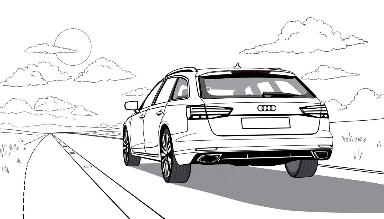 Een kleurplaat van een Audi stationwagon die op een landweg rijdt, gezien vanaf de achterkant, met heuvels en wolken op de achtergrond.