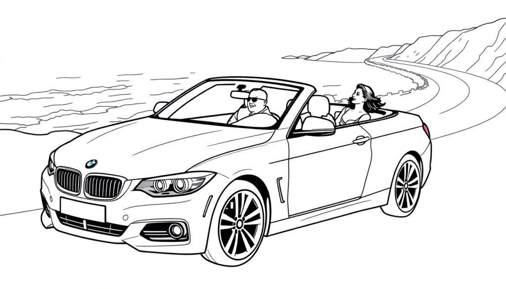 Een zwart-wit kleurplaat van een BMW cabriolet die langs de kust rijdt met een man en vrouw erin.