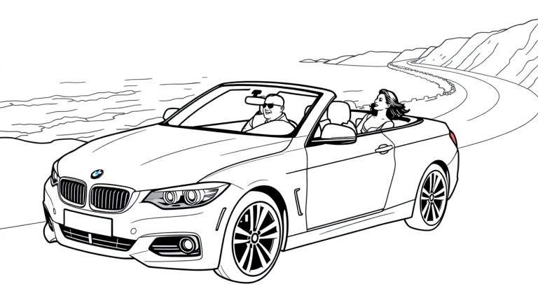 Een zwart-wit kleurplaat van een BMW cabriolet die langs de kust rijdt met een man en vrouw erin.