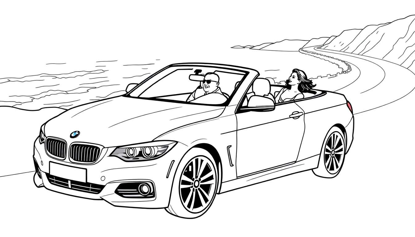 Een zwart-wit kleurplaat van een BMW cabriolet die langs de kust rijdt met een man en vrouw erin.