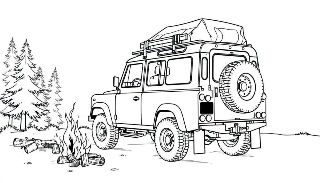 Zwart-wit tekening van een Land Rover Defender met een daktent, naast een kampvuur en dennenbomen, als kleurplaat.