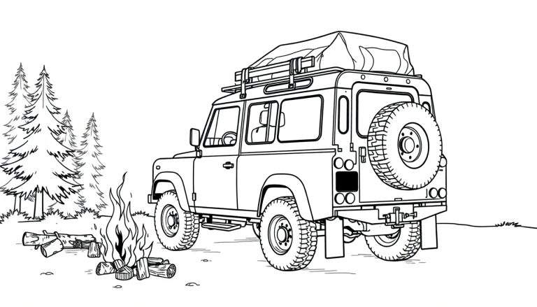 Zwart-wit tekening van een Land Rover Defender met een daktent, naast een kampvuur en dennenbomen, als kleurplaat.