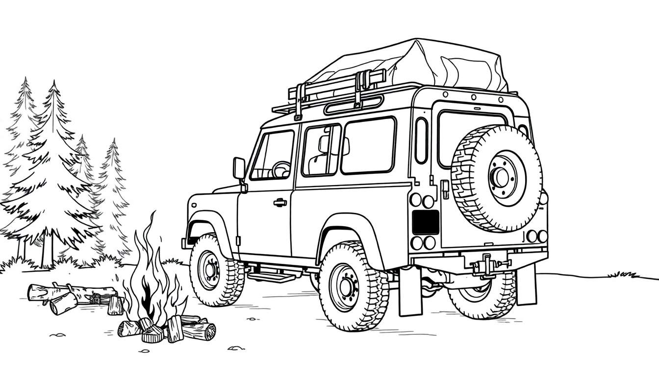 Zwart-wit tekening van een Land Rover Defender met een daktent, naast een kampvuur en dennenbomen, als kleurplaat.