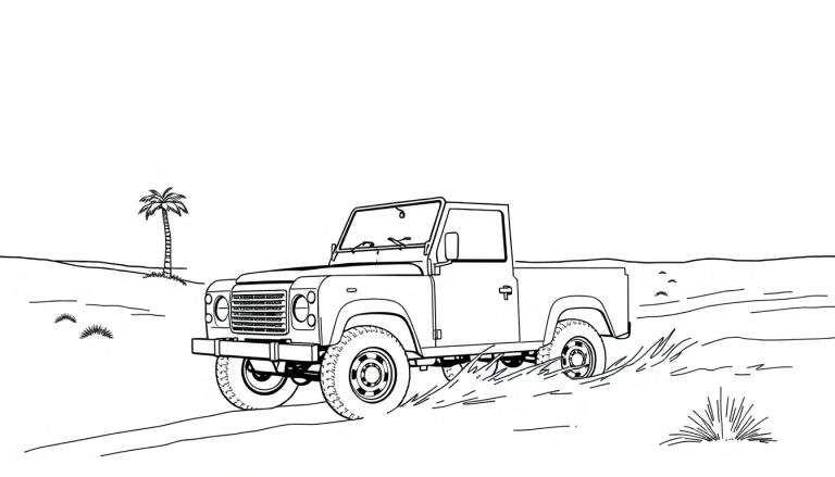 Kleurplaat van een Land Rover Defender pick-up in de woestijn.