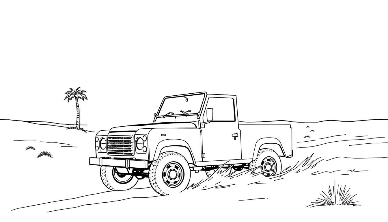 Kleurplaat van een Land Rover Defender pick-up in de woestijn.