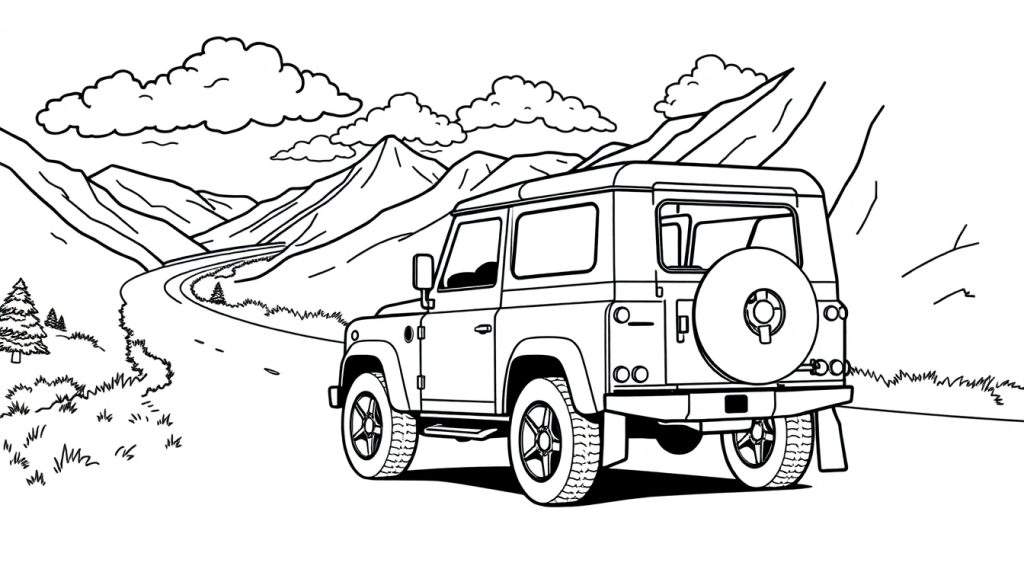 Kleurplaat van een Land Rover Defender in de bergen.