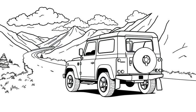 Kleurplaat van een Land Rover Defender in de bergen.