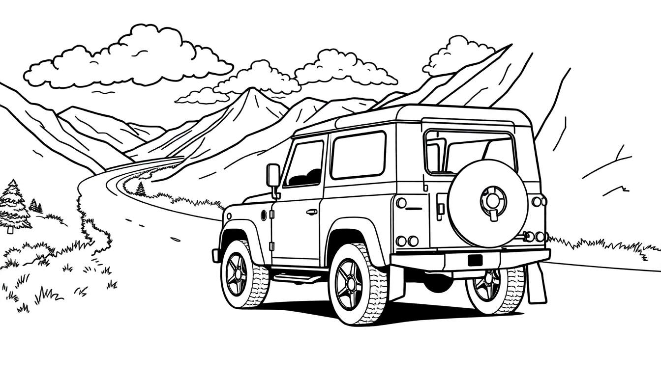 Kleurplaat van een Land Rover Defender in de bergen.