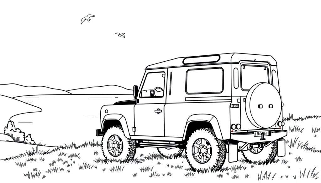 Zwart-wit kleurplaat van een stoere Land Rover Defender in een veld met vogels in de lucht.