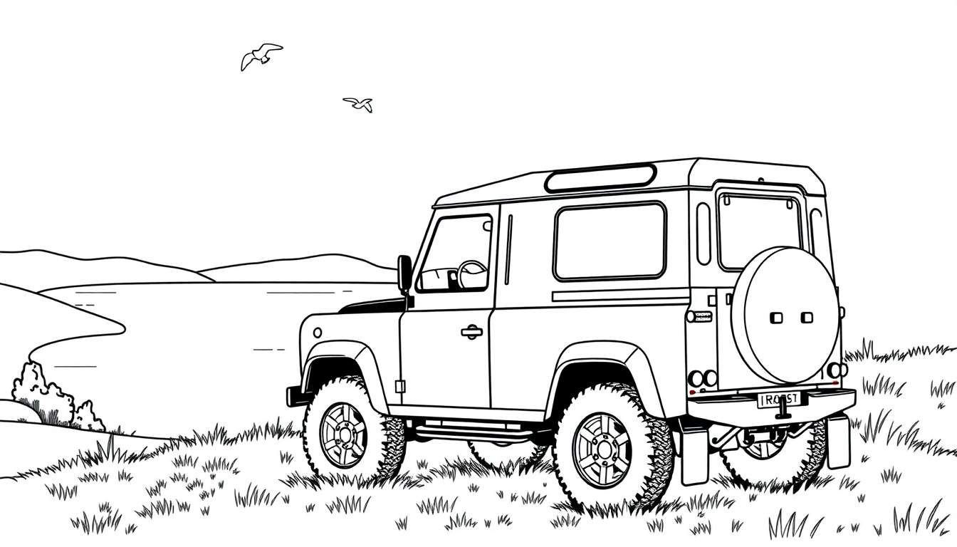 Zwart-wit kleurplaat van een stoere Land Rover Defender in een veld met vogels in de lucht.